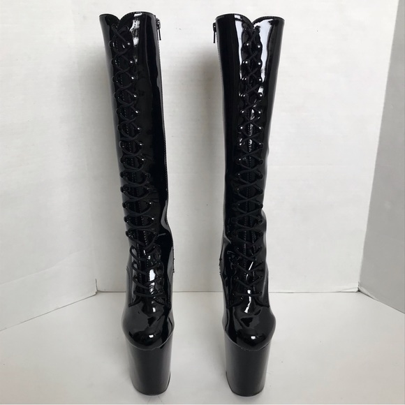 PLEASER Flamingo 8" Heel, 4" Platform Lace-Up Stretch Knee Boot, Side Zip Shoes - Picture 4 of 14